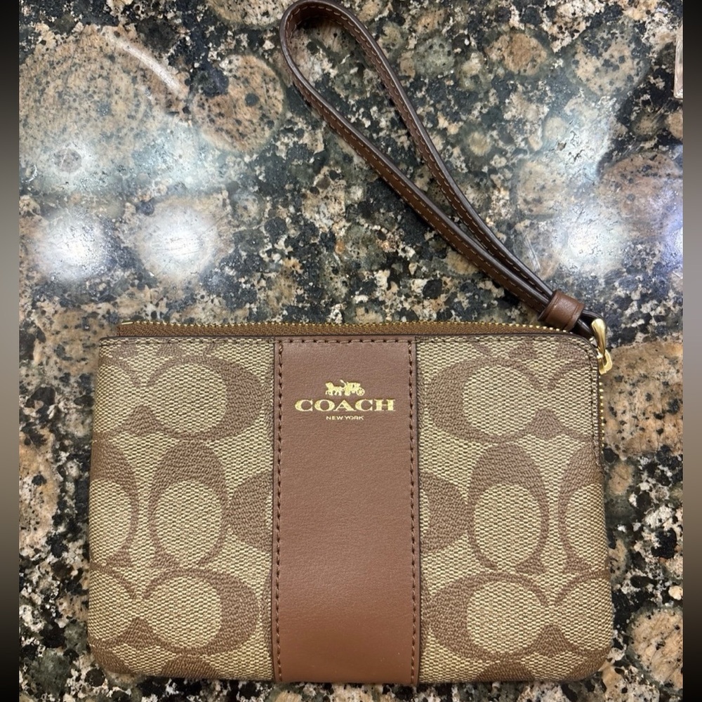 Coach Tan and Brown Signature Wristlet